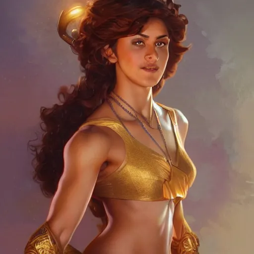 Prompt: a young female brown skinned brown haired genie, with abs, emerging from a lamp intricate, elegant, highly detailed, digital painting, artstation, concept art, smooth, sharp focus, illustration, art by artgerm and greg rutkowski and alphonse mucha