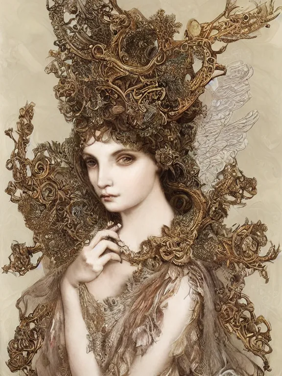 Prompt: a half body fashion portrait render of a fallen angel veiled , symmetry rococo intricate detailed,dramatic headdress with intricate fractals of flowers,tassels,by Lawrence Alma-Tadema and Billelis and Enchanted doll and aaron horkey and peter gric,trending on pinterest,hyperreal,jewelry,gold,intricate,maximalist,golden ratio,cinematic lighting
