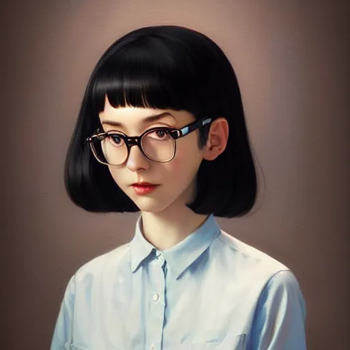 Prompt: a hyperrealistic oil painting of a beautiful slim introverted black haired nerd girl, art by ilya kuvshinov and lois van baarle and ross tran and range murata and artgerm and andy warhol, norman rockwell, mystical trending on artstation hq, pinterest, unreal engine 5, 4 k uhd image,