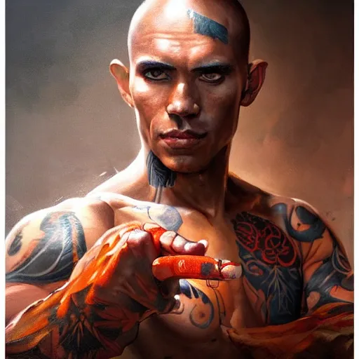 Prompt: A matte oil on canvas portrait of a male martial artist monk, orchid arm tattoos by greg rutkowski and artgerm, trending on artstation, dungeons and dragons art