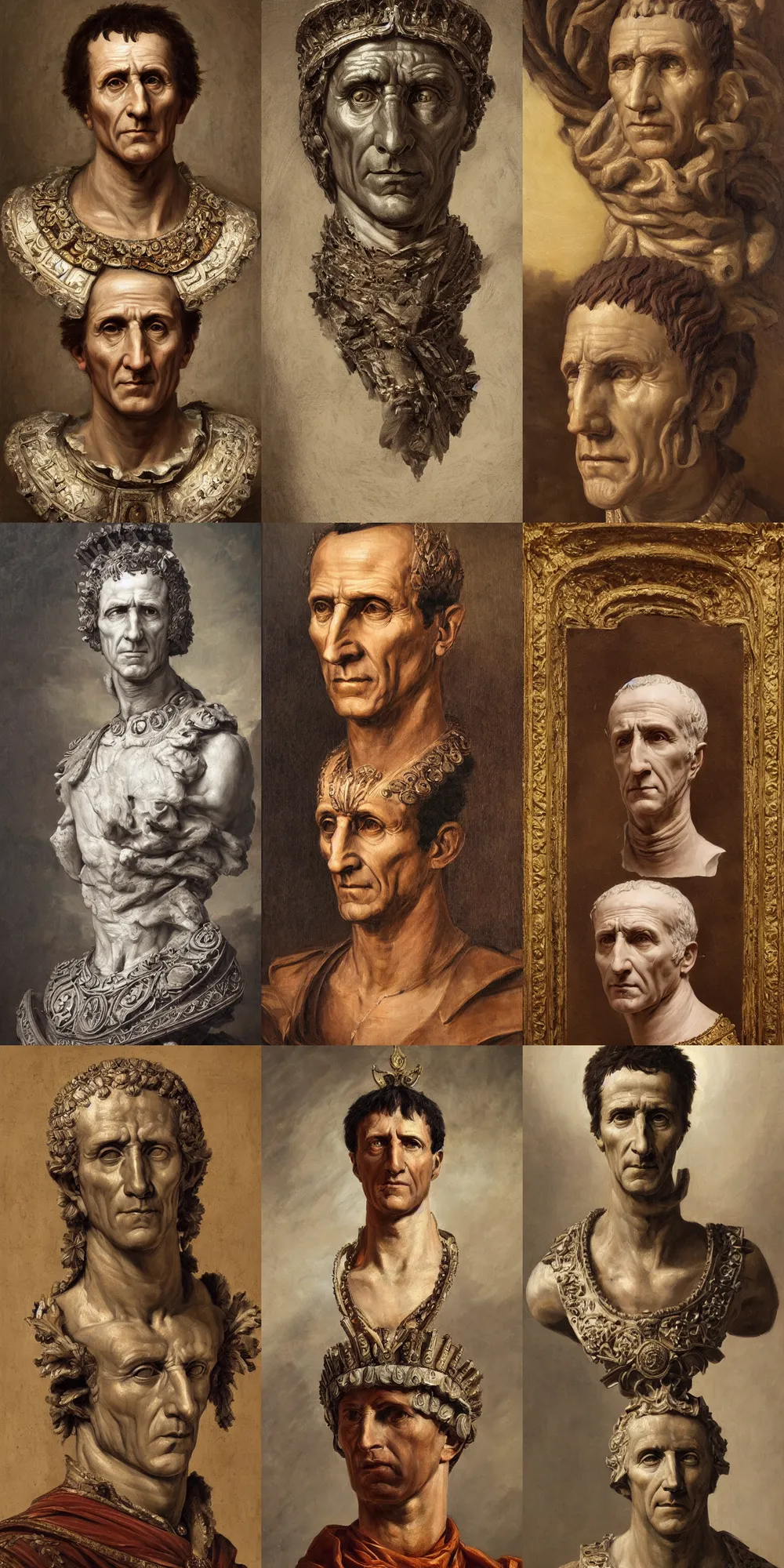 Prompt: a stunning and noble highly detailed romantic period style portrait of Julius Caesar, by Josep Tapiró Baró, trending on artstation, oil painting masterpiece, symmetry, fractals, Roman iconography