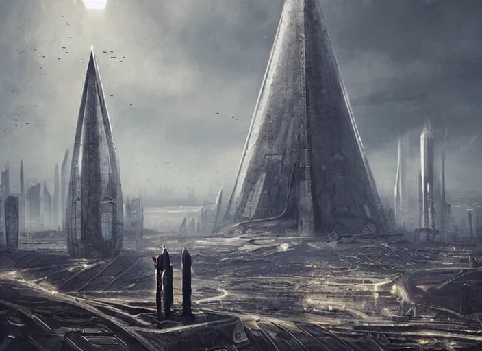 Prompt: cult of technology, exterior, scifi, machines, artificial intelligence!!, ultra realistic, highly detailed, brain in a vat!!, futuristic landscape, obelisks, industrial, city, utopian architecture, birds eye view, atmosphere, masterpiece, epic lighting, bright, cinematic, art by jan urschel and neil blevins