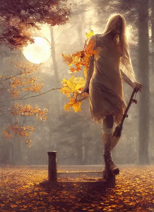 Image similar to golden leaves at frame border, creative!!! composition for a book cover, moon, beautiful painting by jeremy mann, ultrafine hyperrealistic detailed artwork by wlop and artgerm and greg rutkowski, intricate linework, sharp focus, smooth, octopath traveler, final fantasy, unreal engine, dramatic lighting, ethereal, 8 k