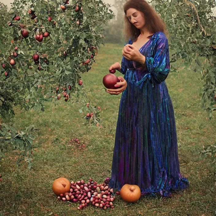 Image similar to a closeup portrait of a woman wearing a dress made of iridescent twine and ribbon, picking pomegranates from a tree in an orchard, foggy, moody, photograph, by vincent desiderio, canon eos c 3 0 0, ƒ 1. 8, 3 5 mm, 8 k, medium - format print