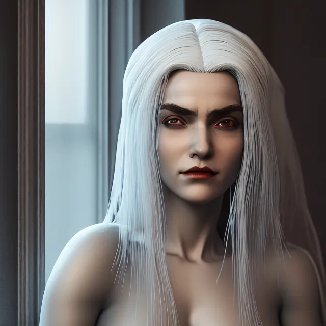 Prompt: a woman with white hair and a veil around her head standing in front of an open window, an ultrafine detailed painting, zbrush central contest winner, fantasy art, zbrush, behance hd, octane, 8 k, intricate