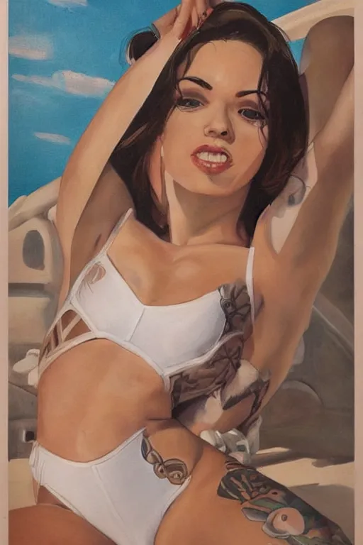 Image similar to female in white bikini with tattoos and stormtrooper helmet, well composed, clean elegant painting, beautiful detailed face. 6 0 s style advertising