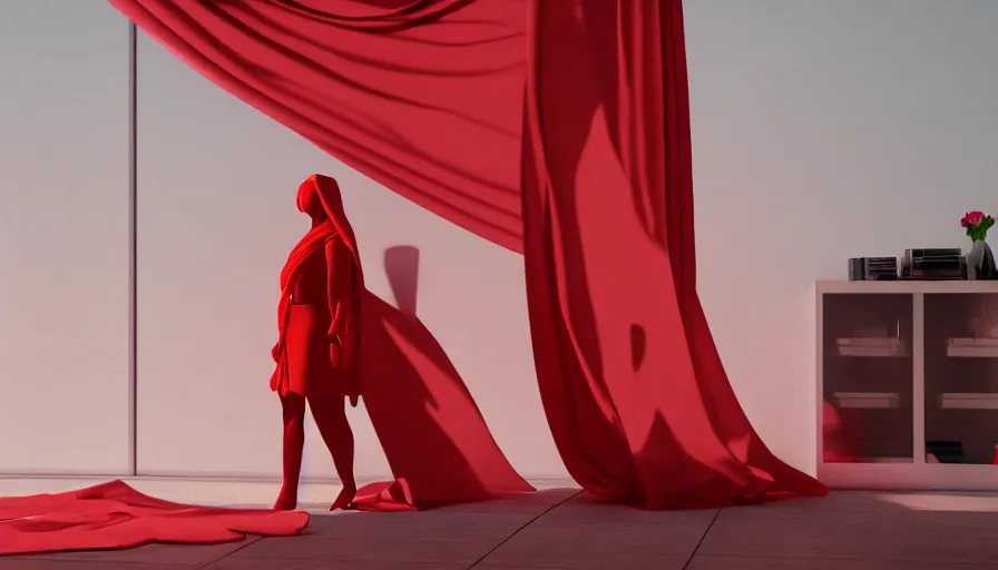 Image similar to a figure covered by red cloth is standing in a beautiful penthouse with atmospheric light, digital art, concept art, cloth simulation with houdini, smoke, octane, redshift, 8 k