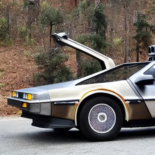 Prompt: a delorean with tiger skin prints on its body,