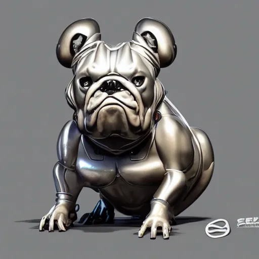 Image similar to « a cartoon cyborg bulldog sitting down, cyberpunk art by grillo demo, cgsociety, 2 d art, future tech, made of liquid metal, sketchfab »