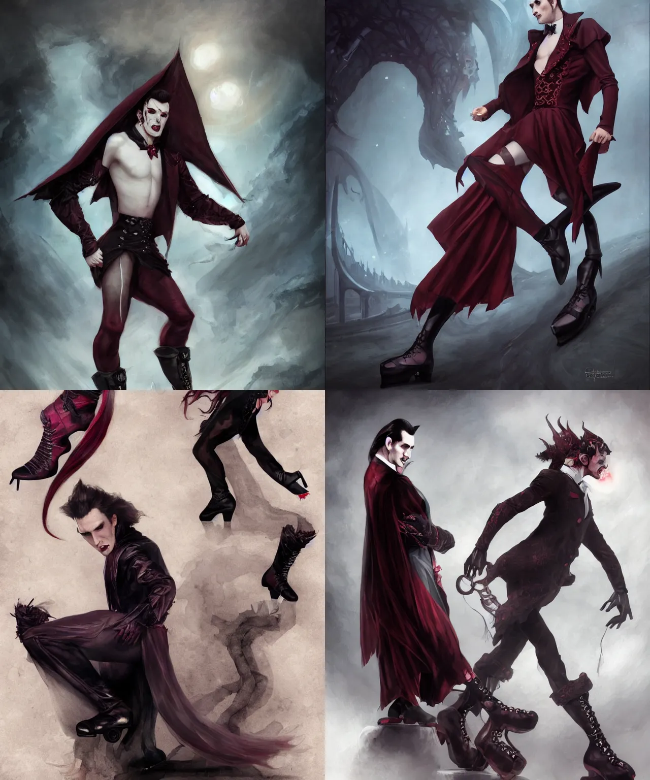 Prompt: male dracula wearing rollerskates rollerskates rollerskates rollerskates by charlie bowater and titian and artgerm, full body portrait, intricate, face, elegant, beautiful, highly detailed, dramatic lighting, sharp focus, trending on artstation, artstationhd, artstationhq, unreal engine, 4 k, 8 k