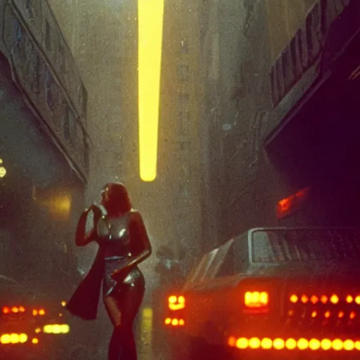 Image similar to 1 9 8 2 film stills of blade runner, with rachel with beyonce, and doja cat, having a night on the town. rainy and smoky with futuristic vehicles overhead and people carrying neon umbrellas.