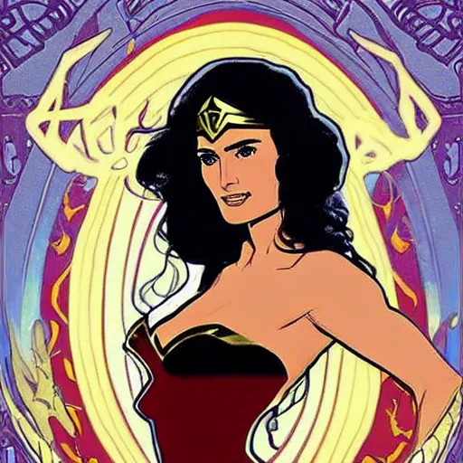 Image similar to salma hayek as wonder woman, mucha style