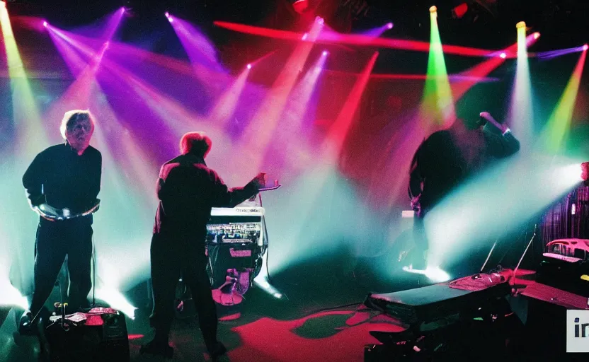 Image similar to colour photograph of 808 state on top of the pops, close up of Jimmy tarbuck blowing on a shakalute, shallow depth of field cinematic multi coloured light show in the back ground