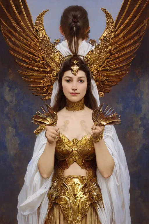 Prompt: full body portrait of a queen wearing white armor with ornate bronze and gold, white gossamer wings, art nouveau, profile, 4K, character concept art, oil painting, trending in artstation, cgsociety, by nekro, Alphonse Mucha, Artgerm, William-Adolphe Bouguereau, Greg Rutkowski