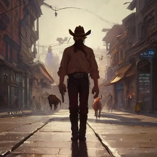 Image similar to cowboy walking into town, highly detailed, digital painting, artstation, concept art, smooth, sharp focus, illustration, art by artgerm and greg rutkowski and alphonse mucha