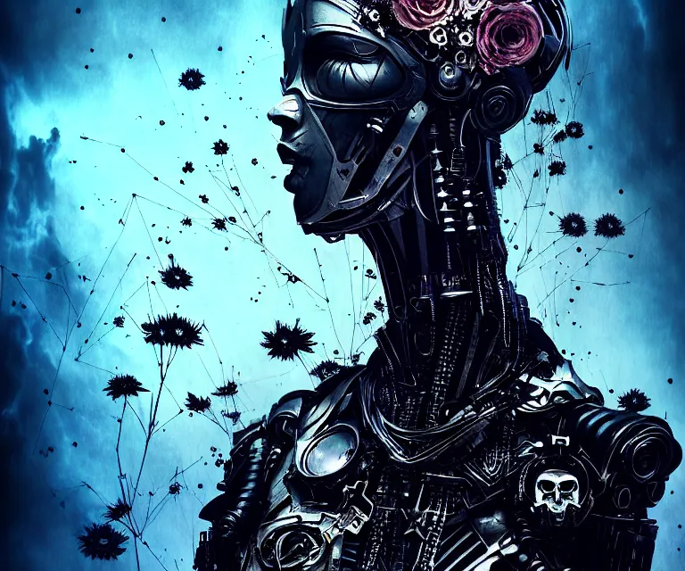 Image similar to gothic mute hybrid cyborg wearing cybor clothes shaping the universe, freedom fighter, eerie, cinematic, epic, 8 k, ultra realistic, rendered by awesomeness. | nights falling wind is blowwing snow is pilling concept art in style of carne griffiths artwork by xsullo. | backround of beautiful floweres floatingby elson, peter kemp, peter