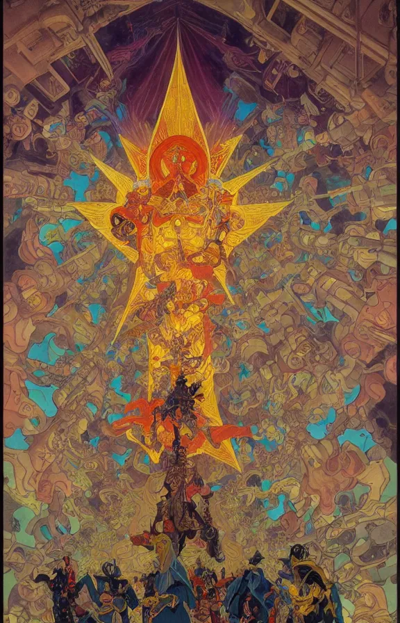 Image similar to beautifully colored detailed religious painting of occultist scientists summoning extradimensional gundam, occult giant robot power armor etched with glowing magical runes by m. c. escher, beeple, greg rutkowski and alphonse mucha. 8 k hd resolution, chihuly