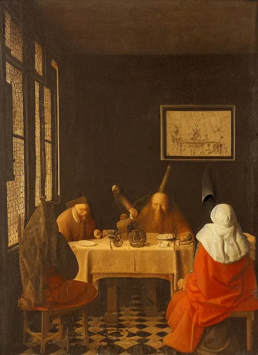 Image similar to a candlelit table at the inn, two people sitting at the table, swirling smoke, dark smoke, realistic, in the style of leonardo da vinci, dutch golden age, amsterdam, medieval painting by jan van eyck, johannes vermeer, florence