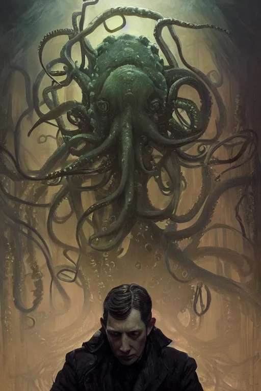 Image similar to , h p lovecraft with octopus tentacles and head of the cthulhu hyperrealistic portrait, bladerunner street, art of elysium by jeremy mann and alphonse mucha and greg rutkowski, fantasy art, photo realistic, dynamic lighting, artstation, poster, volumetric lighting, very detailed face, 4 k, award winning