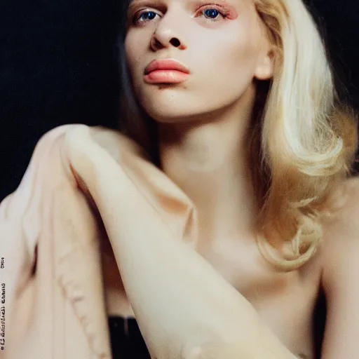 Prompt: realistic! photoshoot for a new chanel lookbook, color film photography, portrait of a beautiful blonde woman, in style of tyler mitchell, 35mm