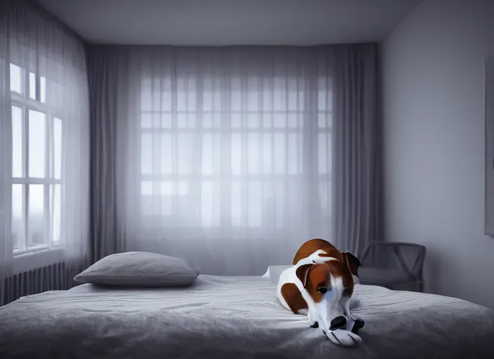 Image similar to photography of a Jack Russel watching outside the window on a bed in a 3d rendered white room, octane render, 3d, foggy, volumetric light, volumetric fog, photorealistic, unreal engine 5