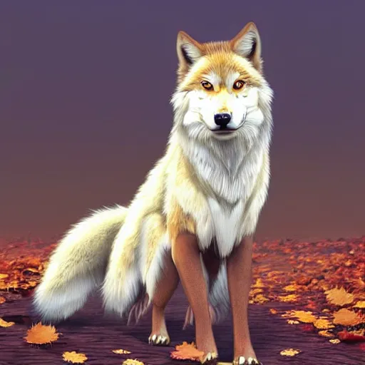 Image similar to professional stylized full - body digital art of a side profile of a cream tibetan wolf, tan and brown accents, fluffy, falling leaves, hd, 8 k, highly detailed, high quality, cute