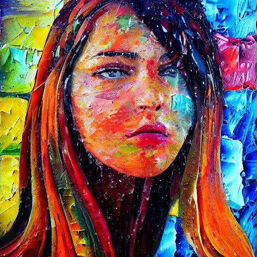 Image similar to oil paint impasto reliefs of beautiful girl in the pouring rain