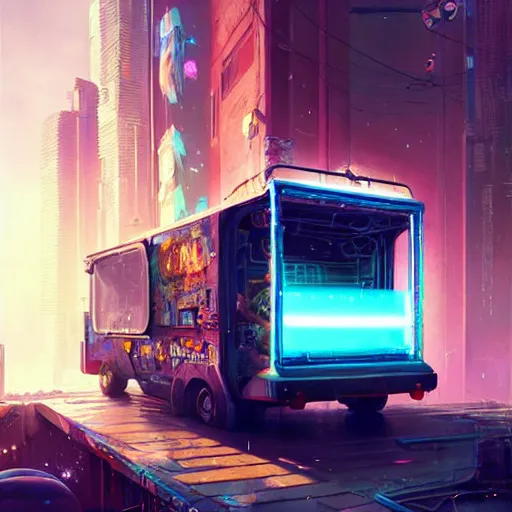 Image similar to a cyberpunk ice cream truck, highly detailed epic, CG render digital painting artwork by Greg Rutkowski, John Berkey, Alexander Jansson, Kuvshinov, WLOP, Artgerm, trending on ArtStation, intricate artwork by Tooth Wu, Beeple. octane render, trending on artstation, greg rutkowski very coherent symmetrical artwork, bokeh, cinematic, hyper realism, high detail, octane render, vervia, 8k