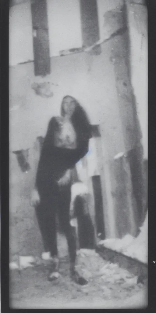 Image similar to found polaroid photo of a pale cryptid in a musty basement