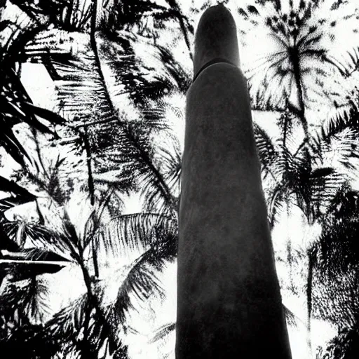 Prompt: lost film footage of a sacred surrealist totem in the middle of the tropical jungle / film still / cinematic / enhanced / 1 9 2 0 s / black and white / grain