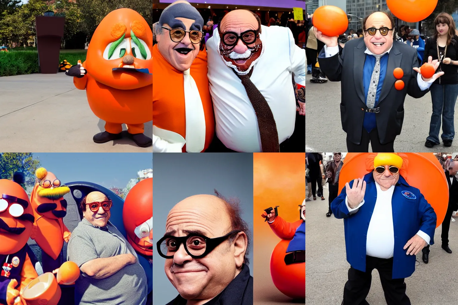 Prompt: Danny Devito with massive orange mustache as Dr. Eggman cosplay, photograph