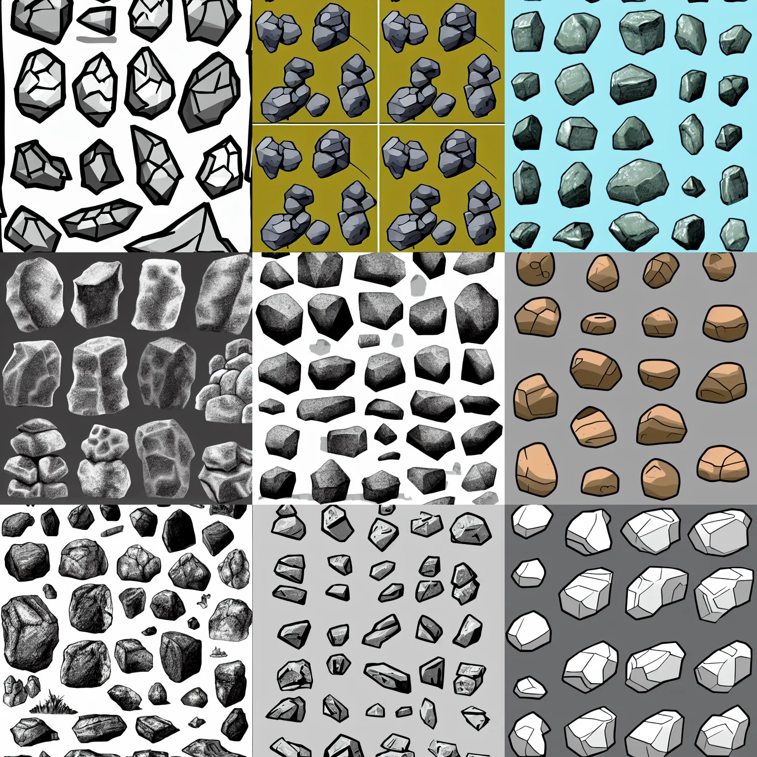 Prompt: a spritesheet of various cartoon shaded boulders isolated on a white background
