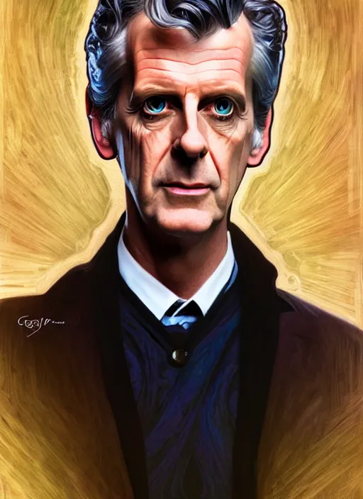 Image similar to oil portrait of the twelfth doctor from doctor who, intricate, elegant, highly detailed, lighting, painting, artstation, smooth, illustration, art by greg rutowski and alphonse mucha