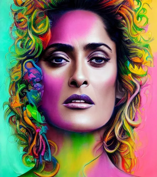 Image similar to beautiful painting of salma hayek by dariusz zawadski, contemporary, creepy, colorful acrylic, airbrush painting, realistic portrait by kehinde wiley and archan nair, colored pencil sketch, hyperrealism, pastel chalk, oilpastels