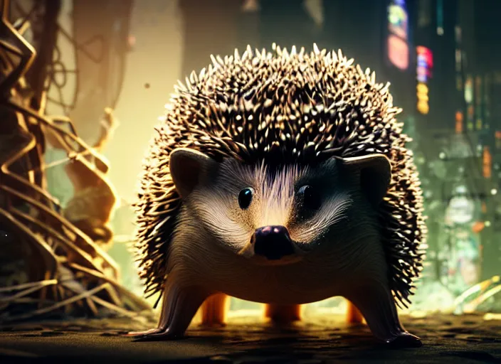 Prompt: intricate hedgehog with optic fibers growing out of it's back, on the background of a weird magical mechanical forest. Very detailed 8k. Fantasy cyberpunk horror. Sharp. Cinematic post-processing. Unreal engine. Nanite. Ray tracing. Parallax. Tessellation