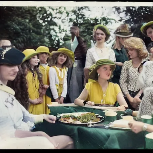 Image similar to an image of a queen with tan skin long rippling cinnamon hair and emerald colored eyes in a medium full shot, vintage historical fantasy 1 9 3 0 s kodachrome slide german and eastern european mix. the queen is pictured attending a barbecue for youth volunteers. she is dressed in a yellow dress paired with green accessories.