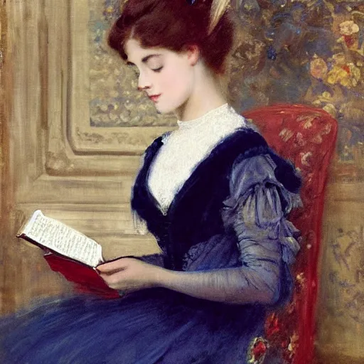 Image similar to young victorian lady in ball gown falling asleep while reading a book, painted by alfred stevens
