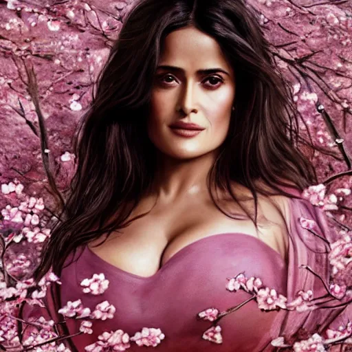 Prompt: fashion pose portrait of salma hayek by stefan kostic, realistic, body shot, sharp focus, 8 k high definition, insanely detailed, intricate, elegant, art by stanley lau and artgerm, cherry blossoms