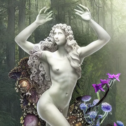 Image similar to an idealistic marble statue, fully clothed, with fractal flowery hair in a fractal garden, glowing delicate flower and mushrooms that grow in a dark fatansy forest on the planet pandora,, symmetrical,