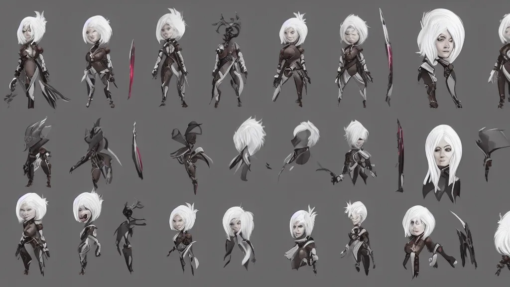 Prompt: a fantasy short white haired female rogue character design sheet, trending on artstation