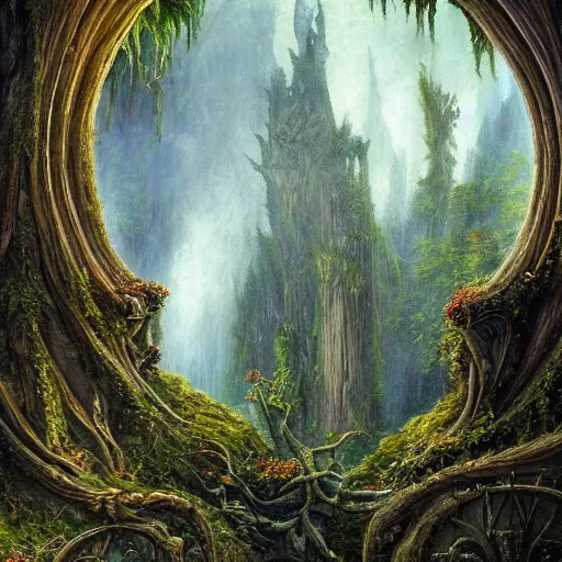 Image similar to a beautiful and highly detailed epic oil painting of an elven temple deep in the misty mountains, valley of dreams, tall trees, ancient runes, intricate details, epic scale, insanely complex, 8 k, sharp focus, hyperrealism, fantasy landscape, psychedelic, by caspar friedrich, brian froud, albert bierstadt,