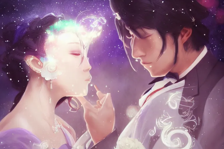 Image similar to a cinematic portrait of wedding photograph jpeg close up moment of a divine a japan sun god and moon goddess lovers magician at a wedding banquet. portraiture. digital painting. artstation. concept art. wedding photo. digital painting. violet evergarden art masterpiece by art by krenz cushart