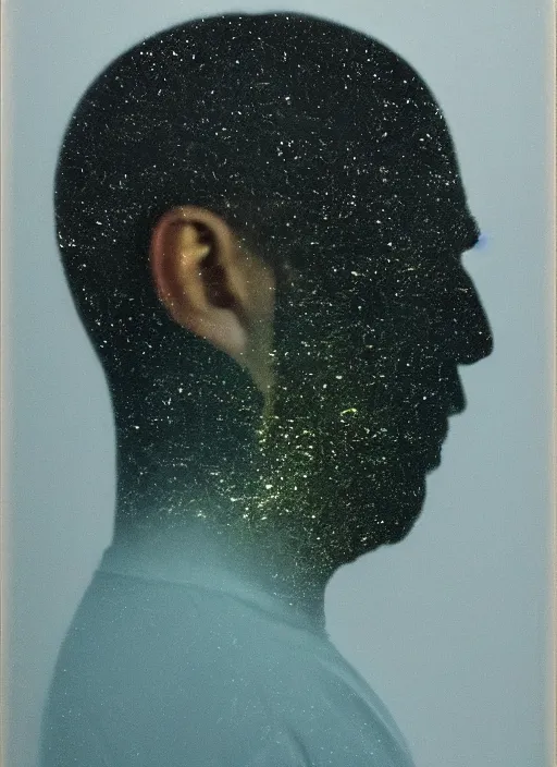 Prompt: a man's face in profile, made of glossy galaxy, in the style of the Dutch masters and Gregory Crewdson, dark and moody