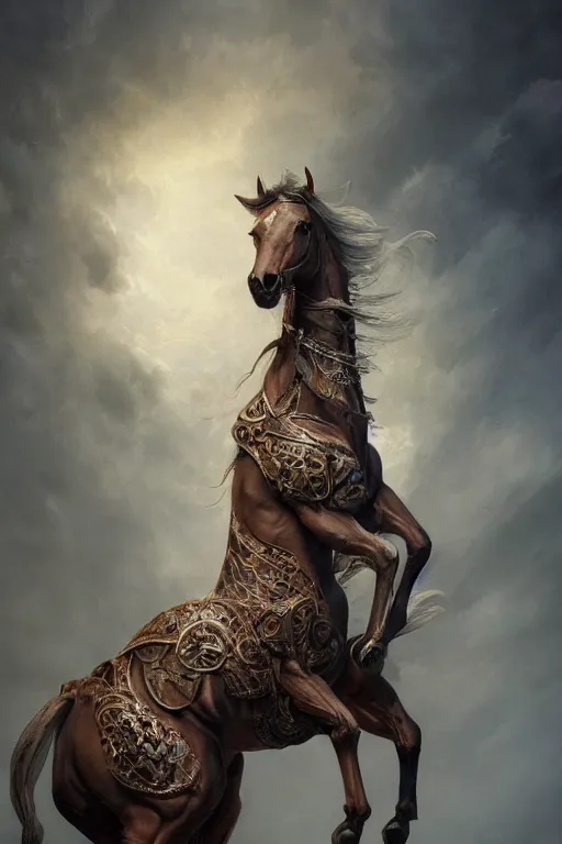 Image similar to 3 quarter view photography portrait of a prince stalion horse , organed, tatooed, intricate details, muscles, elegant, divine, illustrated by greg rutkowski and Akira Saito and Peter mohrbacher, 4k,