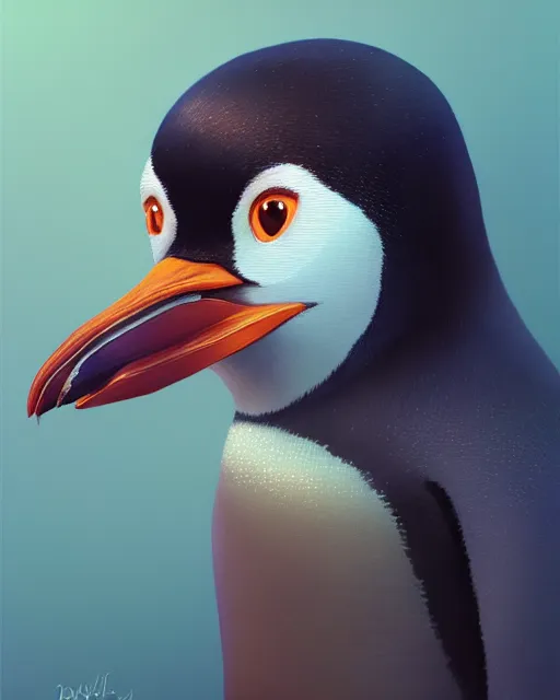 Image similar to highly detailed vfx portrait of a cute penguin, stephen bliss, unreal engine, greg rutkowski, loish, rhads, beeple, makoto shinkai and lois van baarle, ilya kuvshinov, rossdraws, tom bagshaw, alphonse mucha, global illumination, detailed and intricate environment