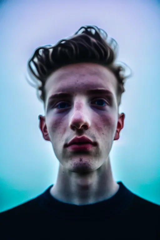 Image similar to high quality pastel coloured film mid angle selfie photograph of a beautiful young 2 0 year old male, soft features, black hair, standing in an icelandic black rock environment. atmospheric. three point light. photographic. art directed. ( pastel colours ). volumetric light. stark. waves glitch. 8 k. filmic.