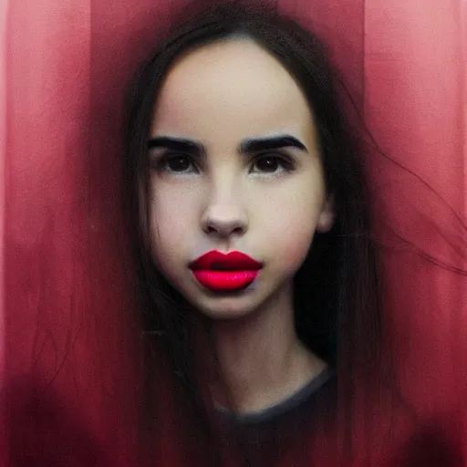 Image similar to cinematic portrait of sofia carson, perfect face, neon rain, delicate, elegant, by alyssa monks, highly detailed, symmetrical face, fine details, masterpiece, trending on artstation