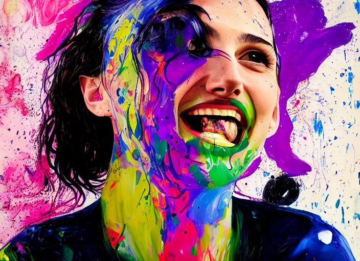 Image similar to portrait of gal gadot laughing, by vincent lefevre and hernan bas and pat steir and hilma af klint, psychological, photorealistic, dripping paint, washy brush, rendered in octane, altermodern, masterpiece