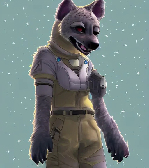 Image similar to digital detailed art of furry female hyena, in style of zootopia, fursona, furry, furaffinity, deviantart, wearing astronaut outfit, floating in space, space background, hyena fursona, cyberpunk, detailed face, style of artgerm,