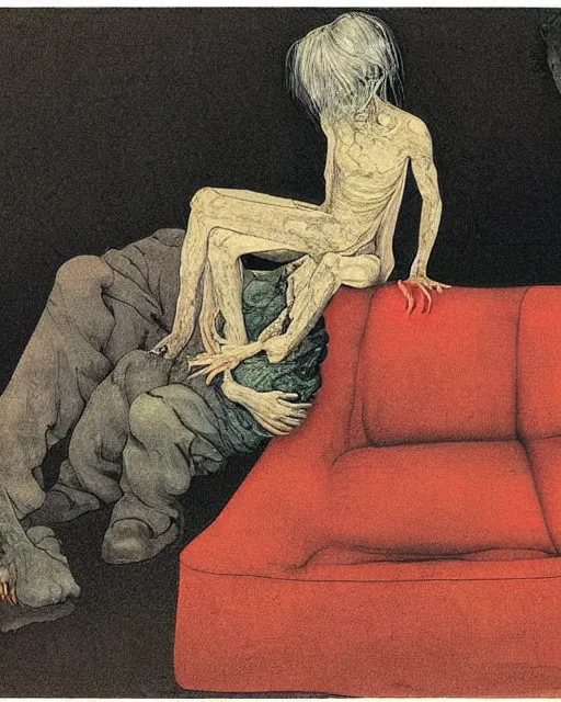 Prompt: an old dead couple sitting on an old couch in an old apartment watching a dog engulfed in flames,  Francisco Goya painting, part by Beksiński and EdvardMunch. art by Takato Yamamoto, Francis Bacon masterpiece